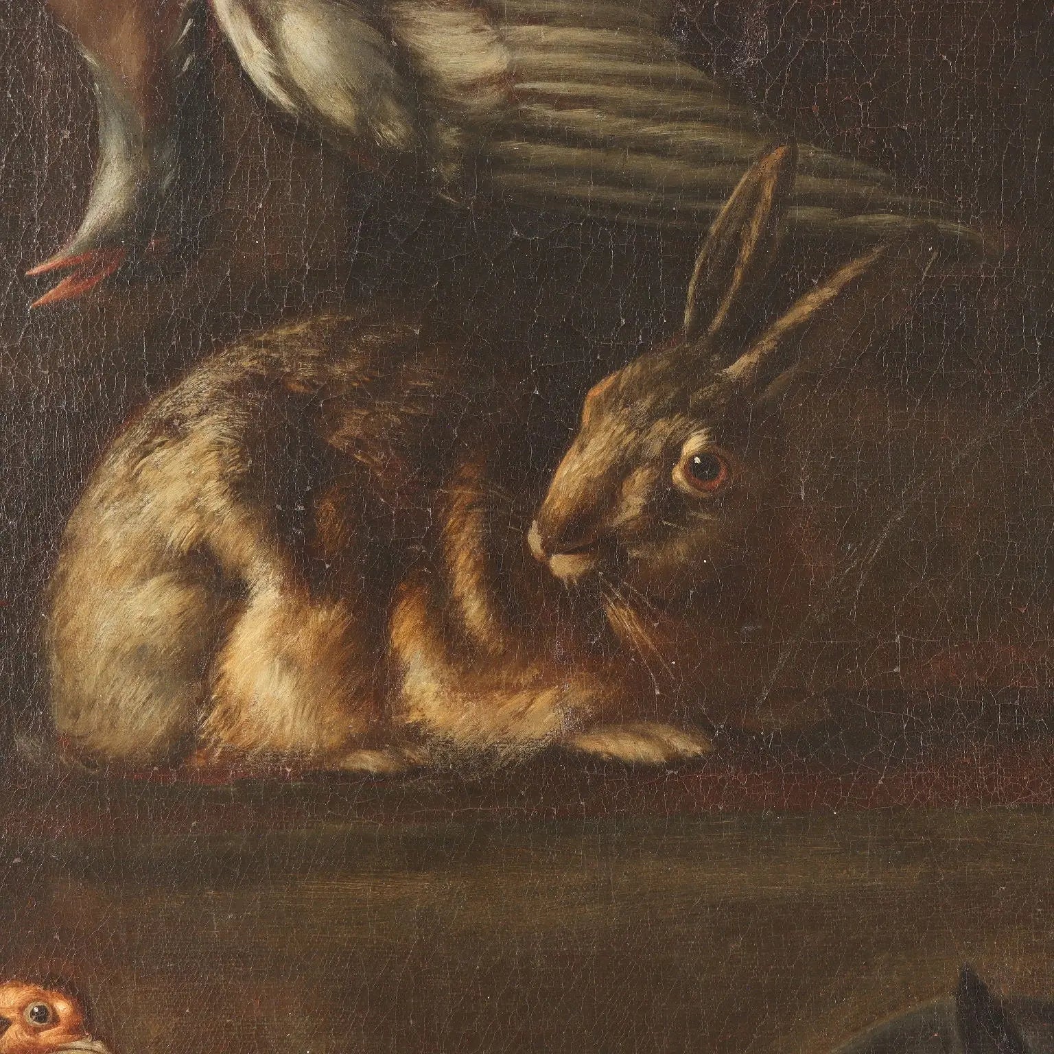 Antique Painting Rabbits and Birds with Game Oil on Canvas XVII Century