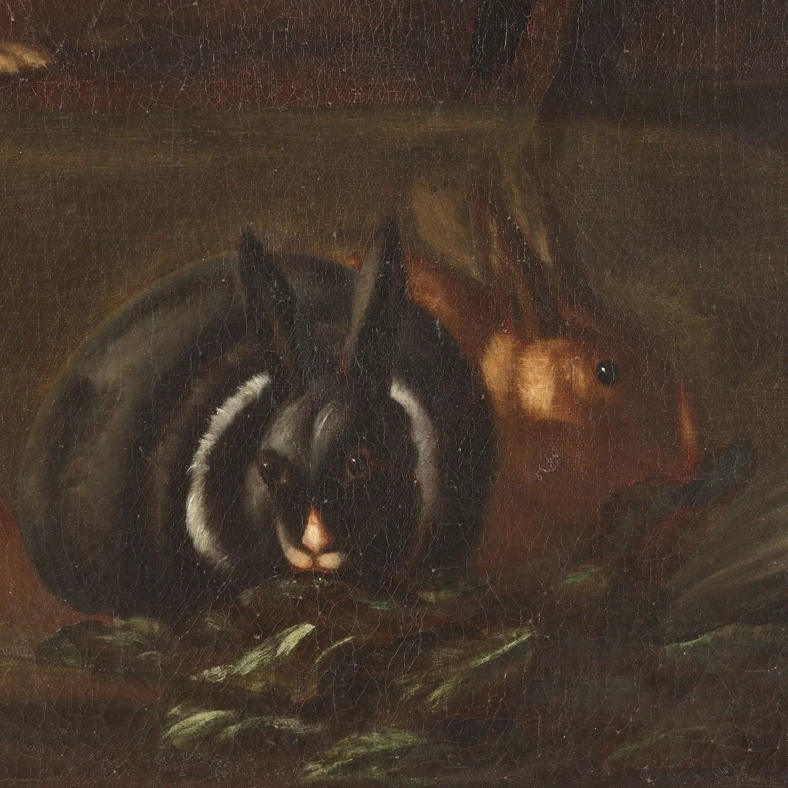 Antique Painting Rabbits and Birds with Game Oil on Canvas XVII Century