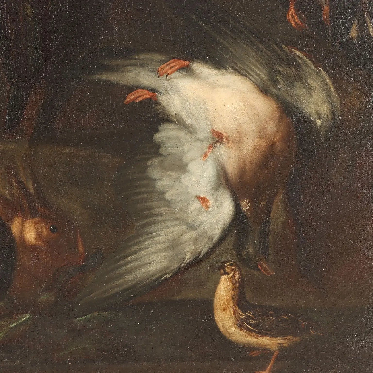 Antique Painting Rabbits and Birds with Game Oil on Canvas XVII Century