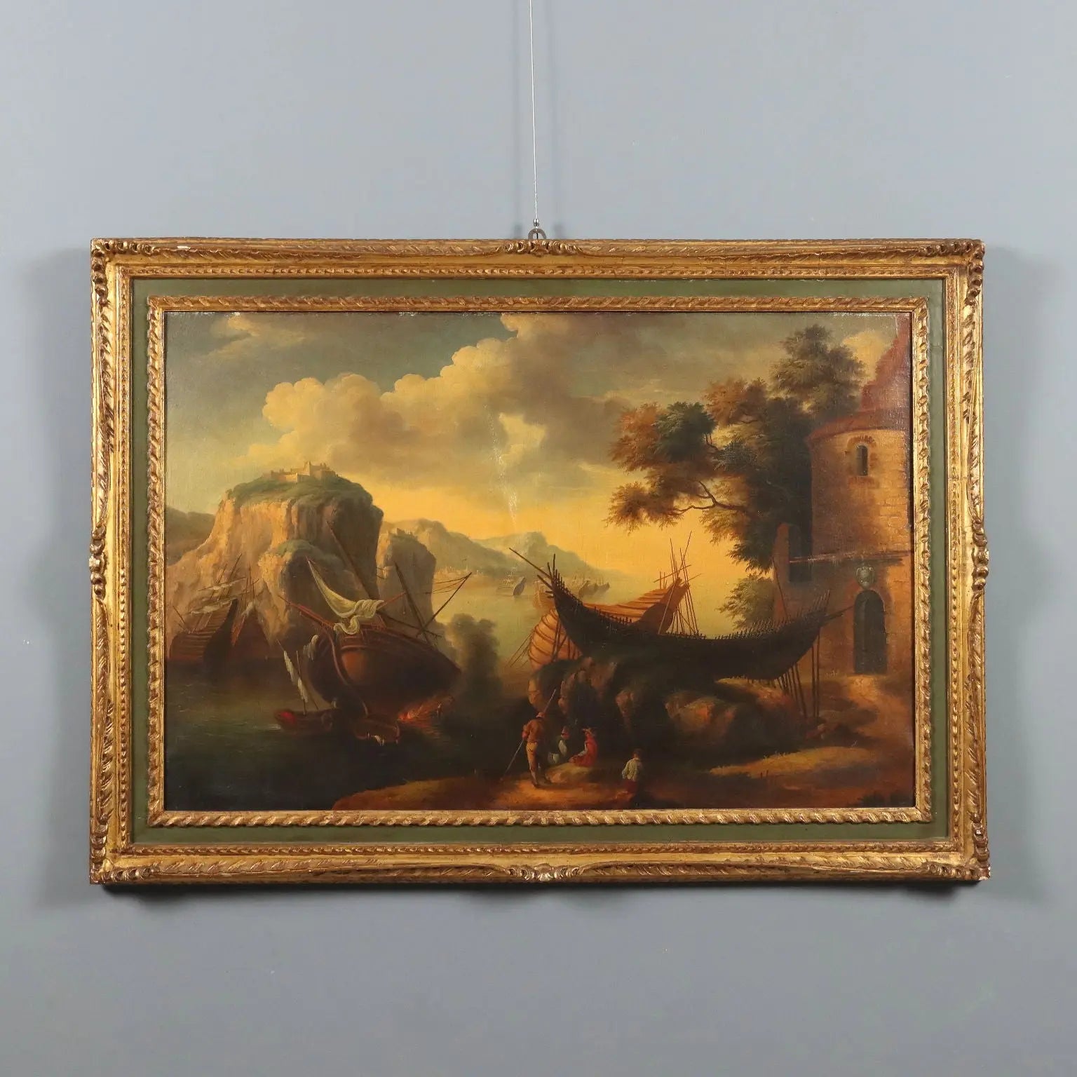 Antique Painting Landscape with Boat Oil on Canvas Italy XX Century