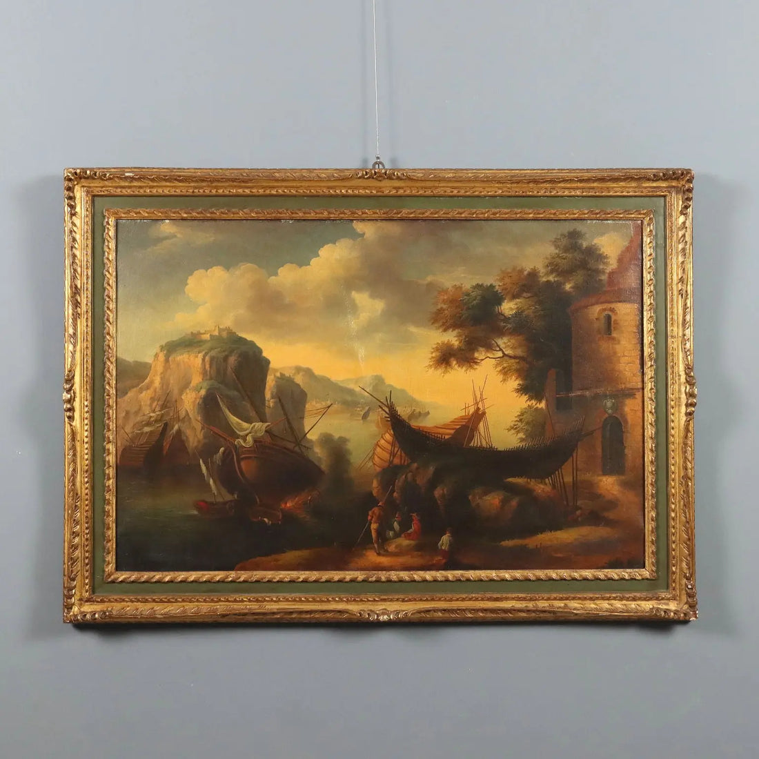 Antique Painting Landscape with Boat Oil on Canvas Italy XX Century