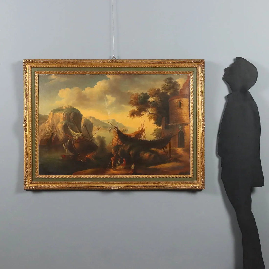 Antique Painting Landscape with Boat Oil on Canvas Italy XX Century