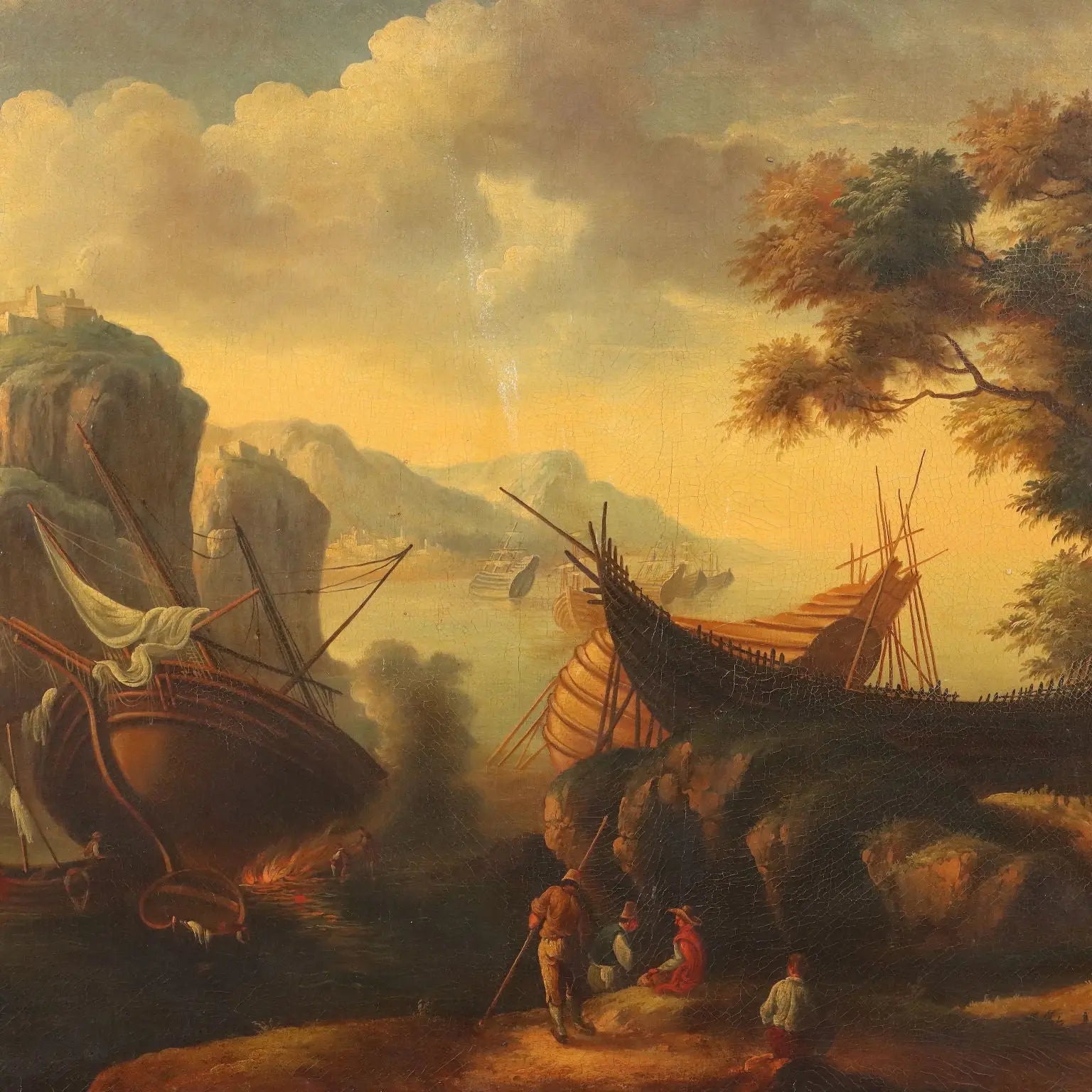 Antique Painting Landscape with Boat Oil on Canvas Italy XX Century