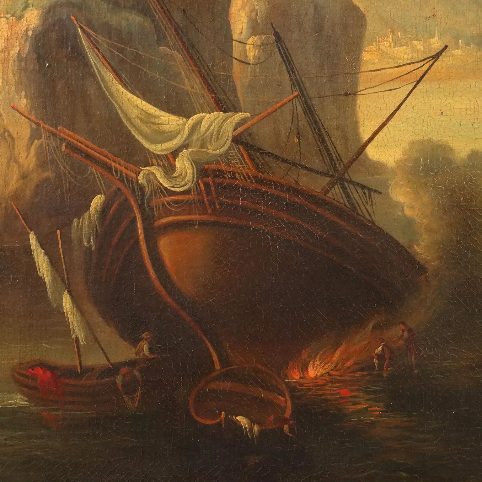 Antique Painting Landscape with Boat Oil on Canvas Italy XX Century