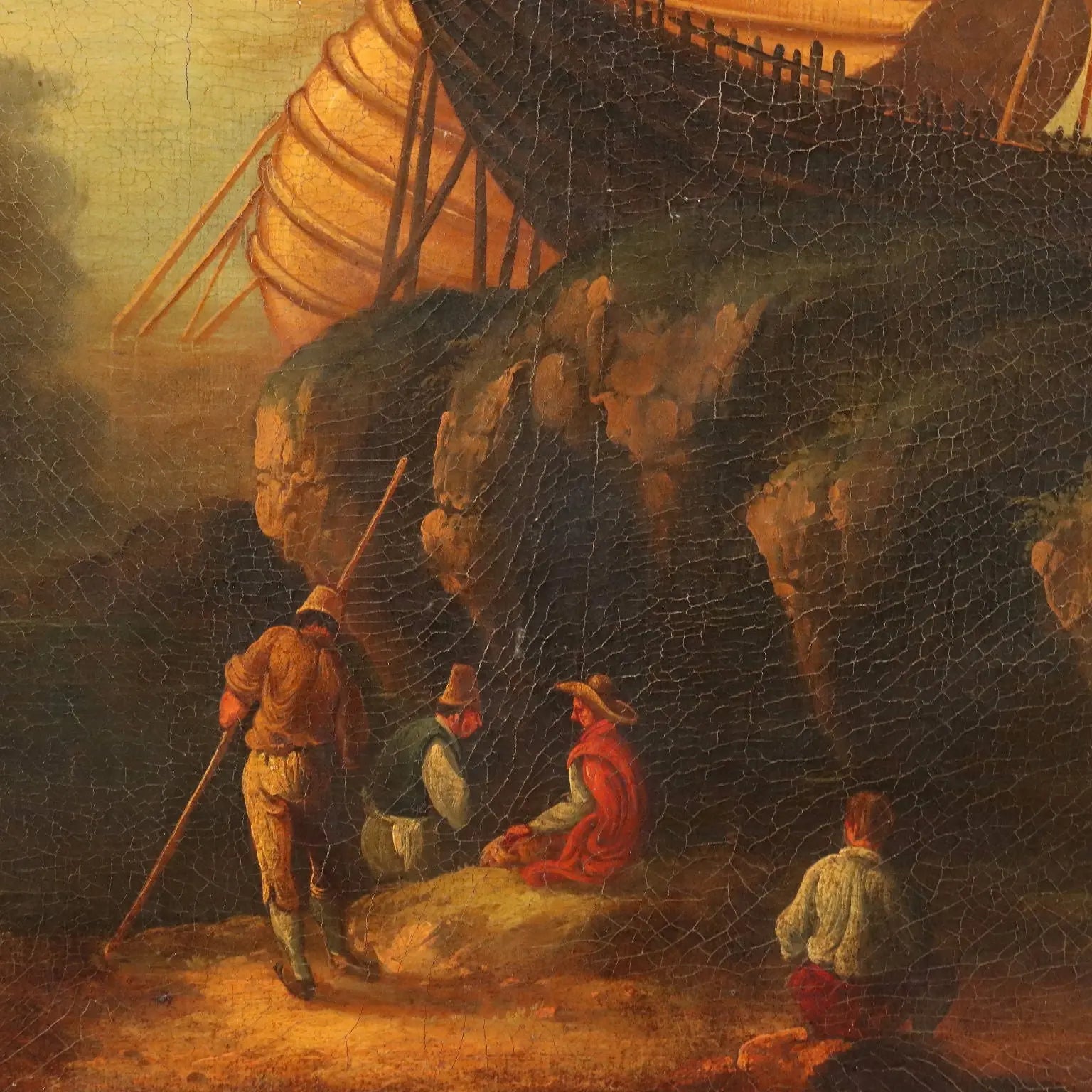 Antique Painting Landscape with Boat Oil on Canvas Italy XX Century