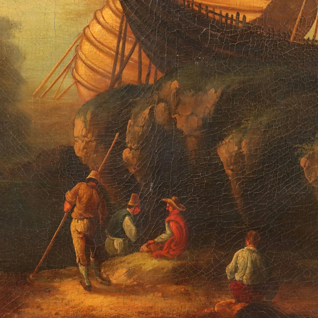 Antique Painting Landscape with Boat Oil on Canvas Italy XX Century