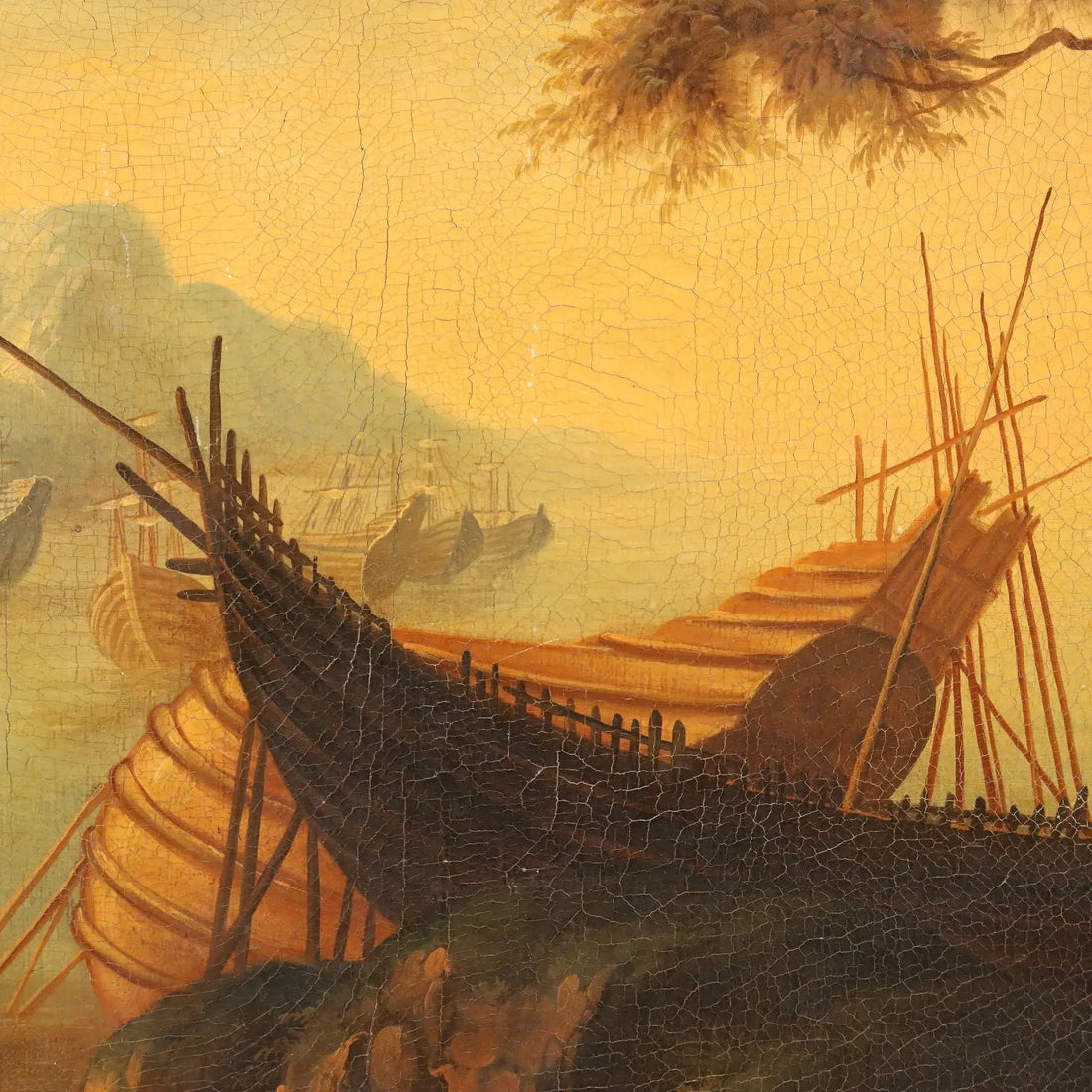 Antique Painting Landscape with Boat Oil on Canvas Italy XX Century