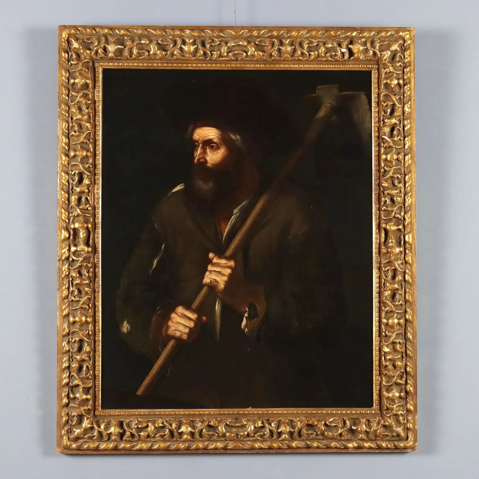 Antique Painting Peasant with a Hoe Oil on Canvas XVII-XVIII Century