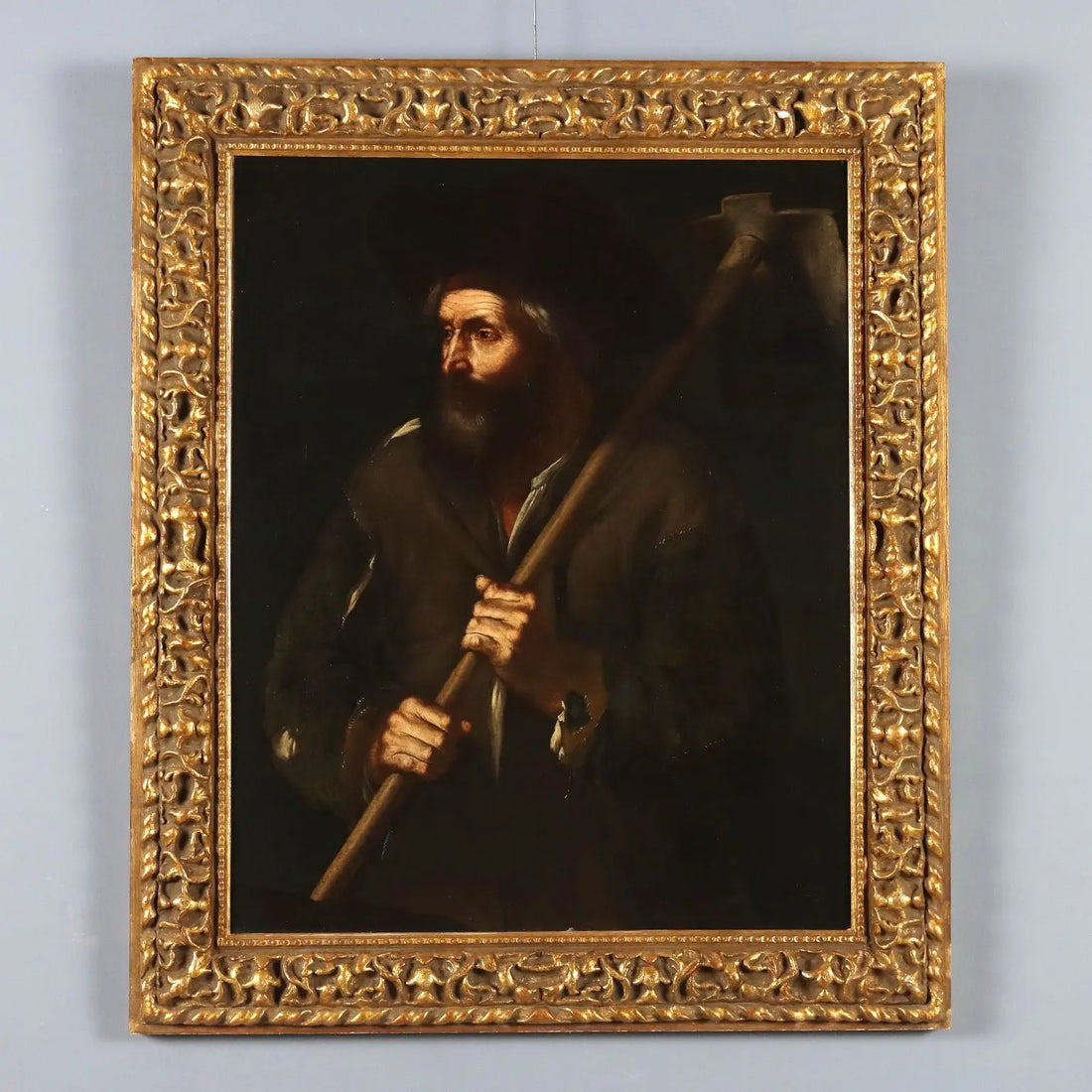 Antique Painting Peasant with a Hoe Oil on Canvas XVII-XVIII Century