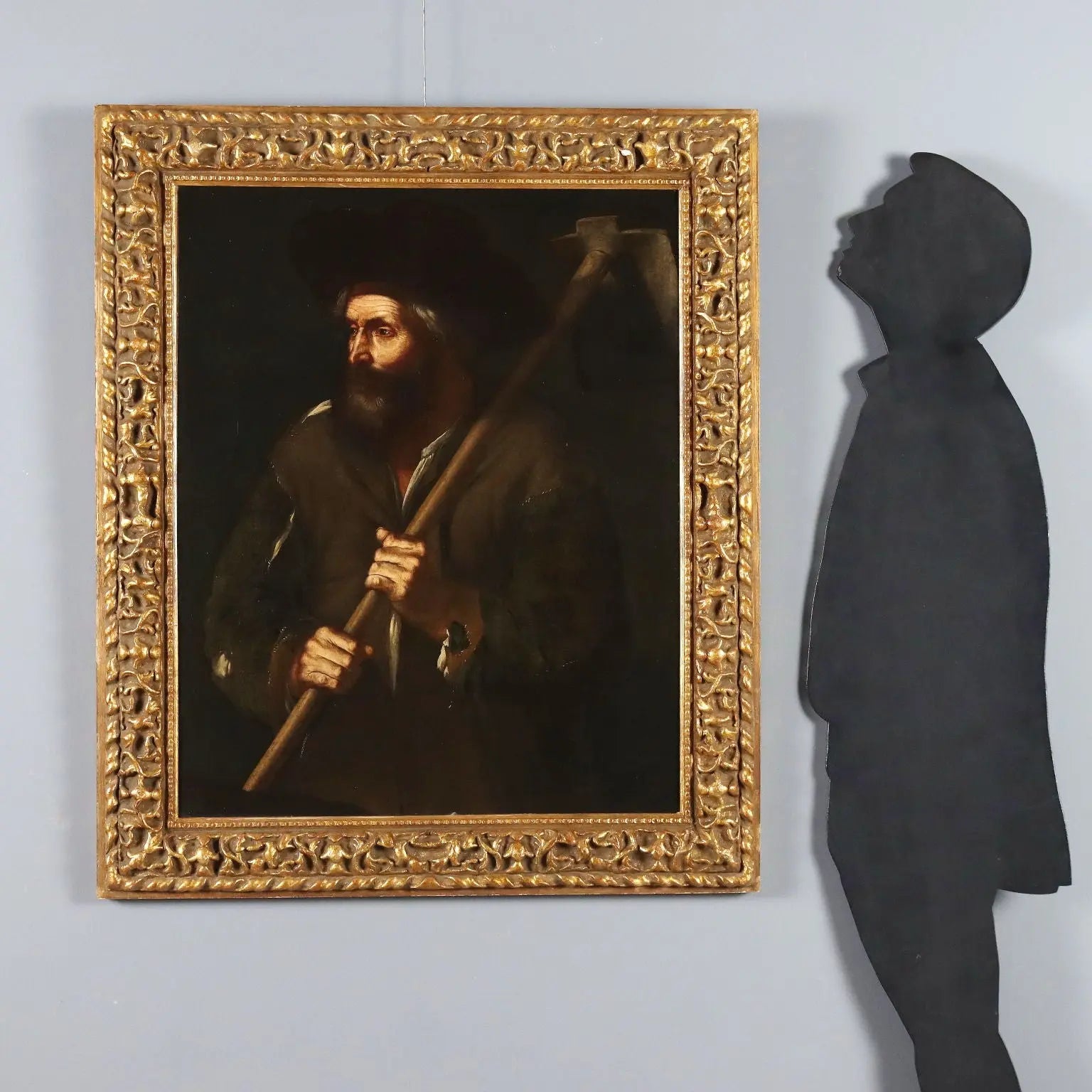 Antique Painting Peasant with a Hoe Oil on Canvas XVII-XVIII Century