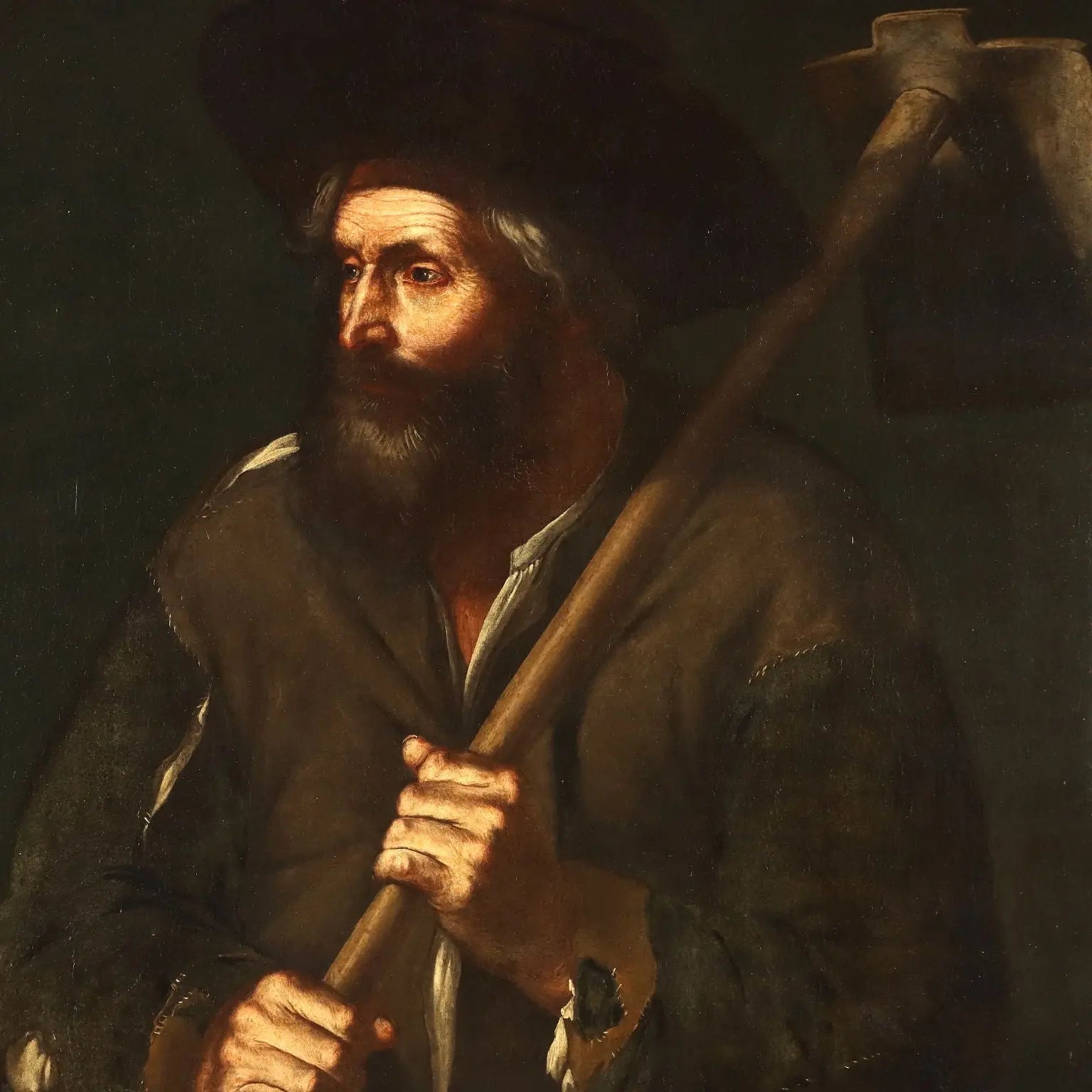 Antique Painting Peasant with a Hoe Oil on Canvas XVII-XVIII Century