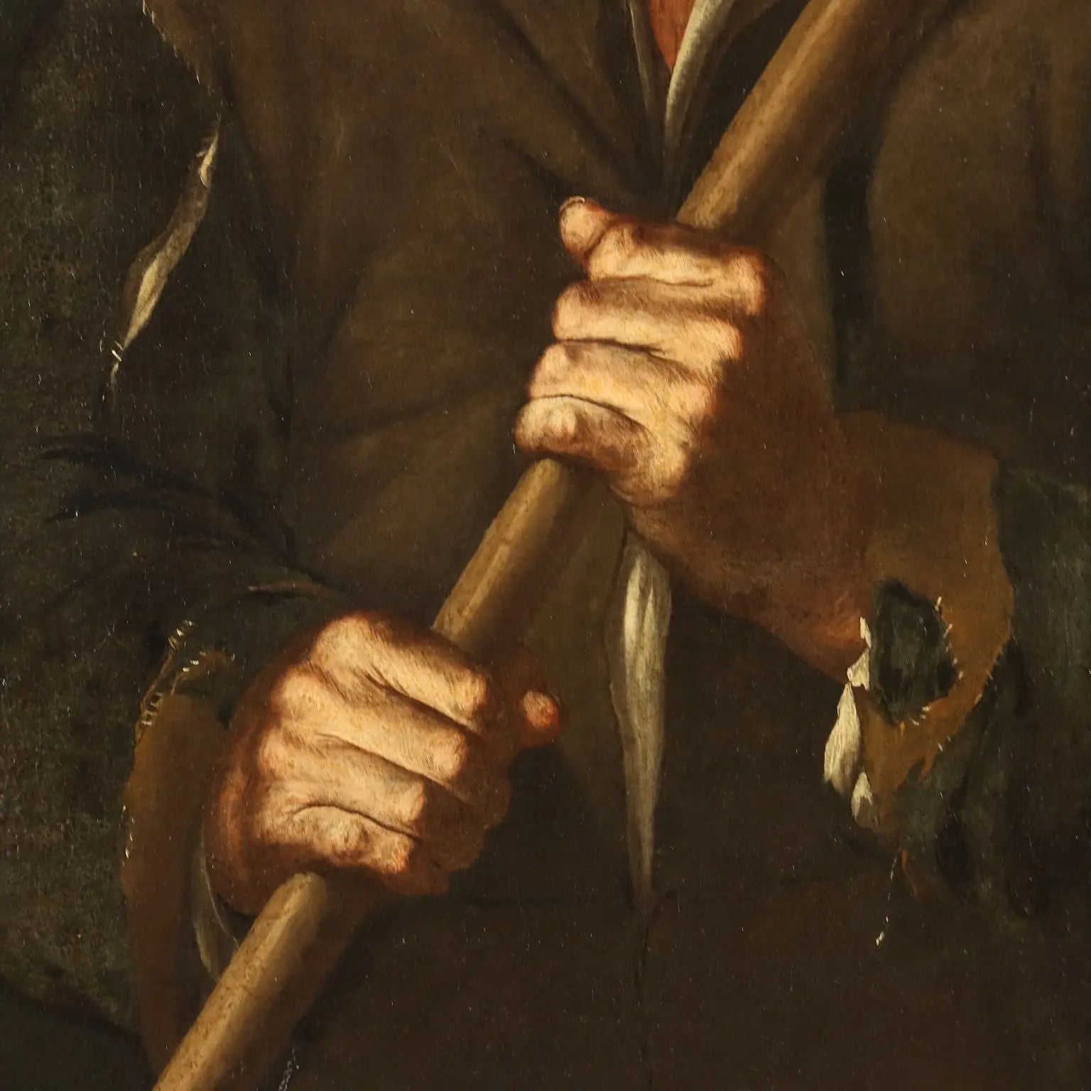 Antique Painting Peasant with a Hoe Oil on Canvas XVII-XVIII Century