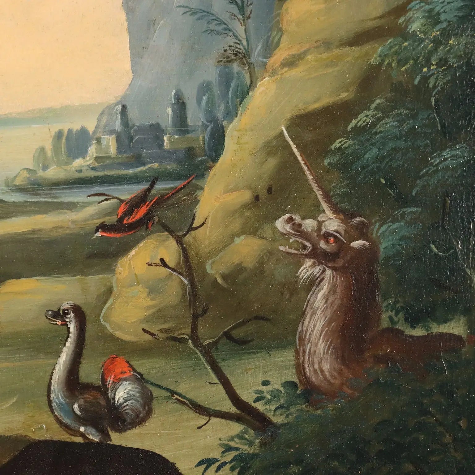 Antique Painting Orpheus Enchants the Animals Oil on Board '700 