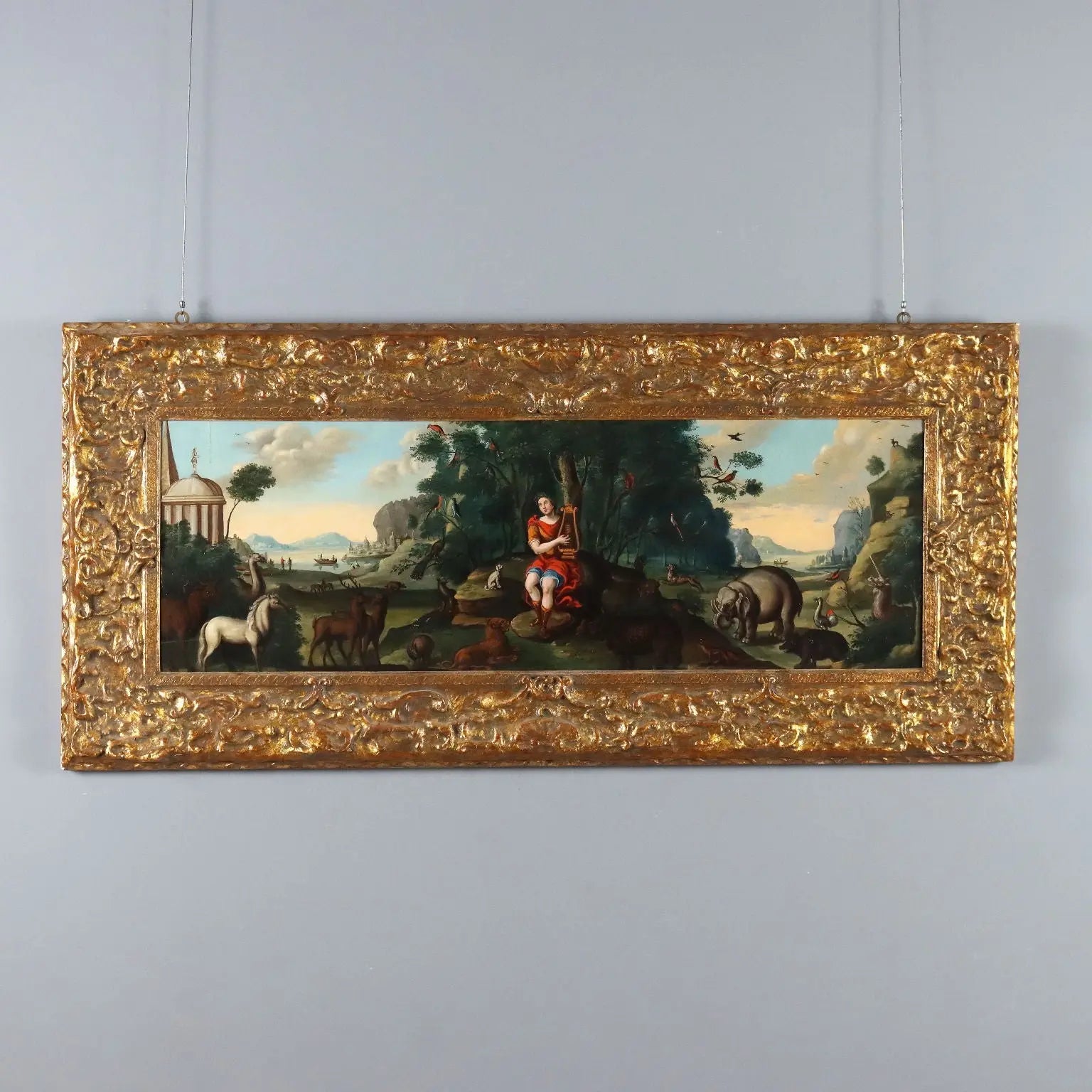 Antique Painting Orpheus Enchants the Animals Oil on Board '700 