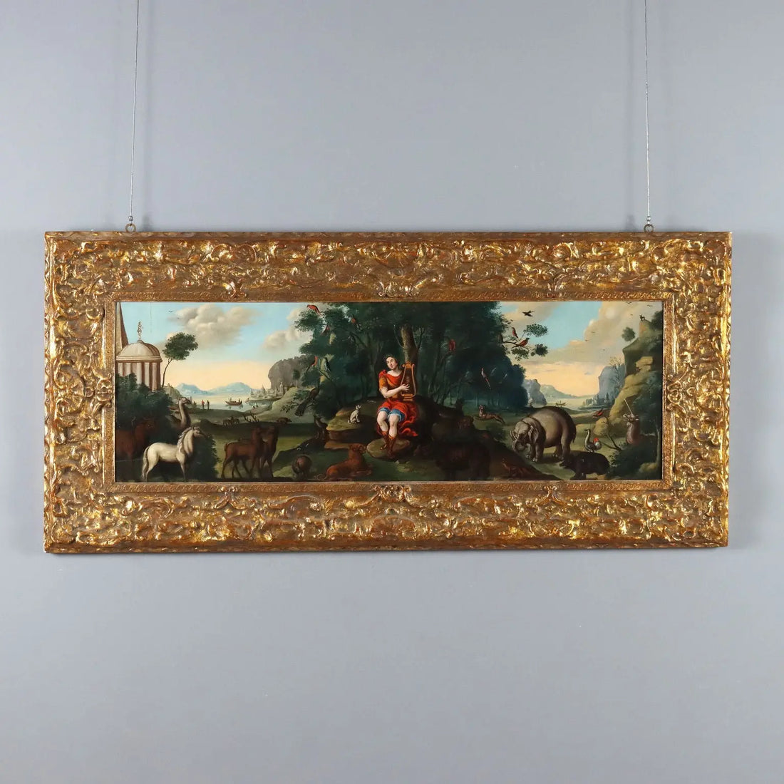 Antique Painting Orpheus Enchants the Animals Oil on Board '700 