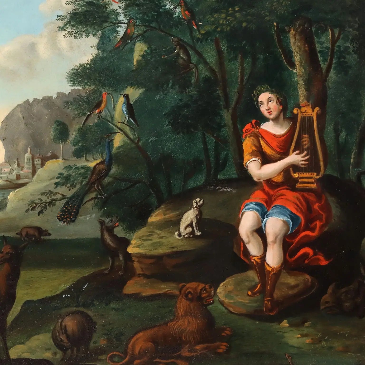 Antique Painting Orpheus Enchants the Animals Oil on Board '700 