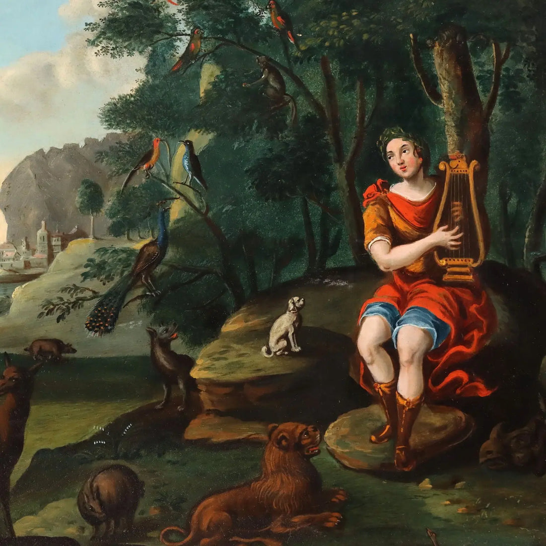 Antique Painting Orpheus Enchants the Animals Oil on Board '700 