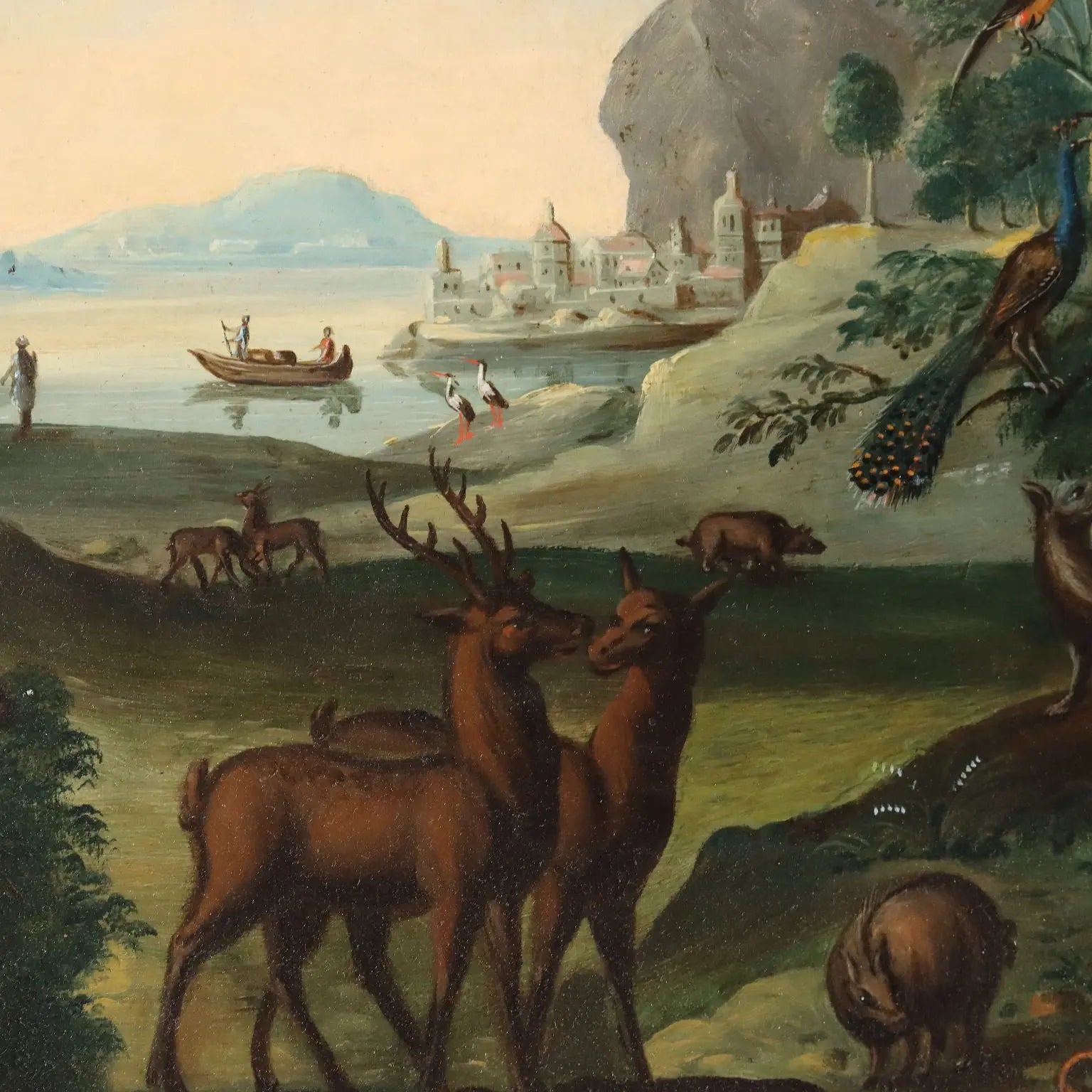 Antique Painting Orpheus Enchants the Animals Oil on Board '700 