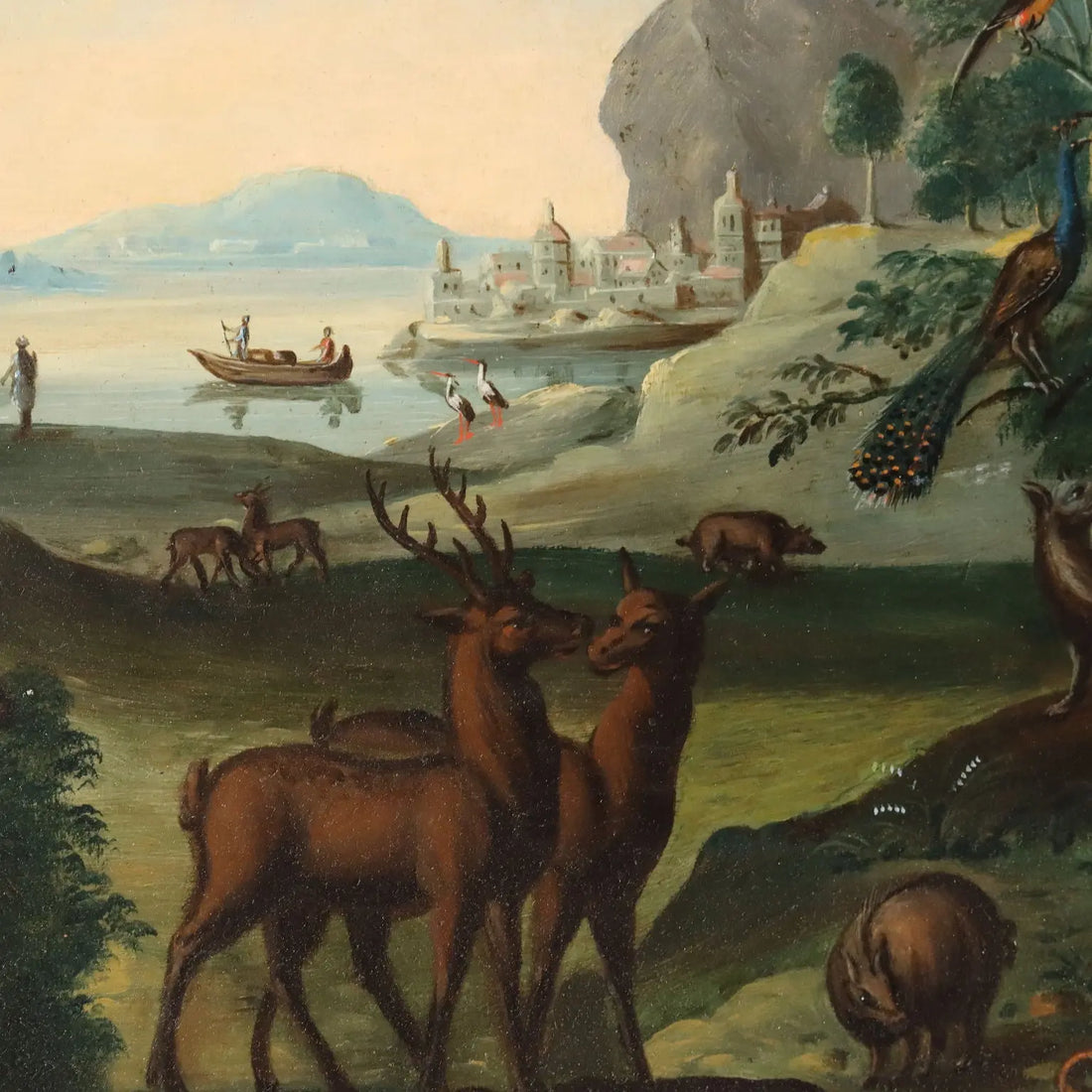 Antique Painting Orpheus Enchants the Animals Oil on Board '700 