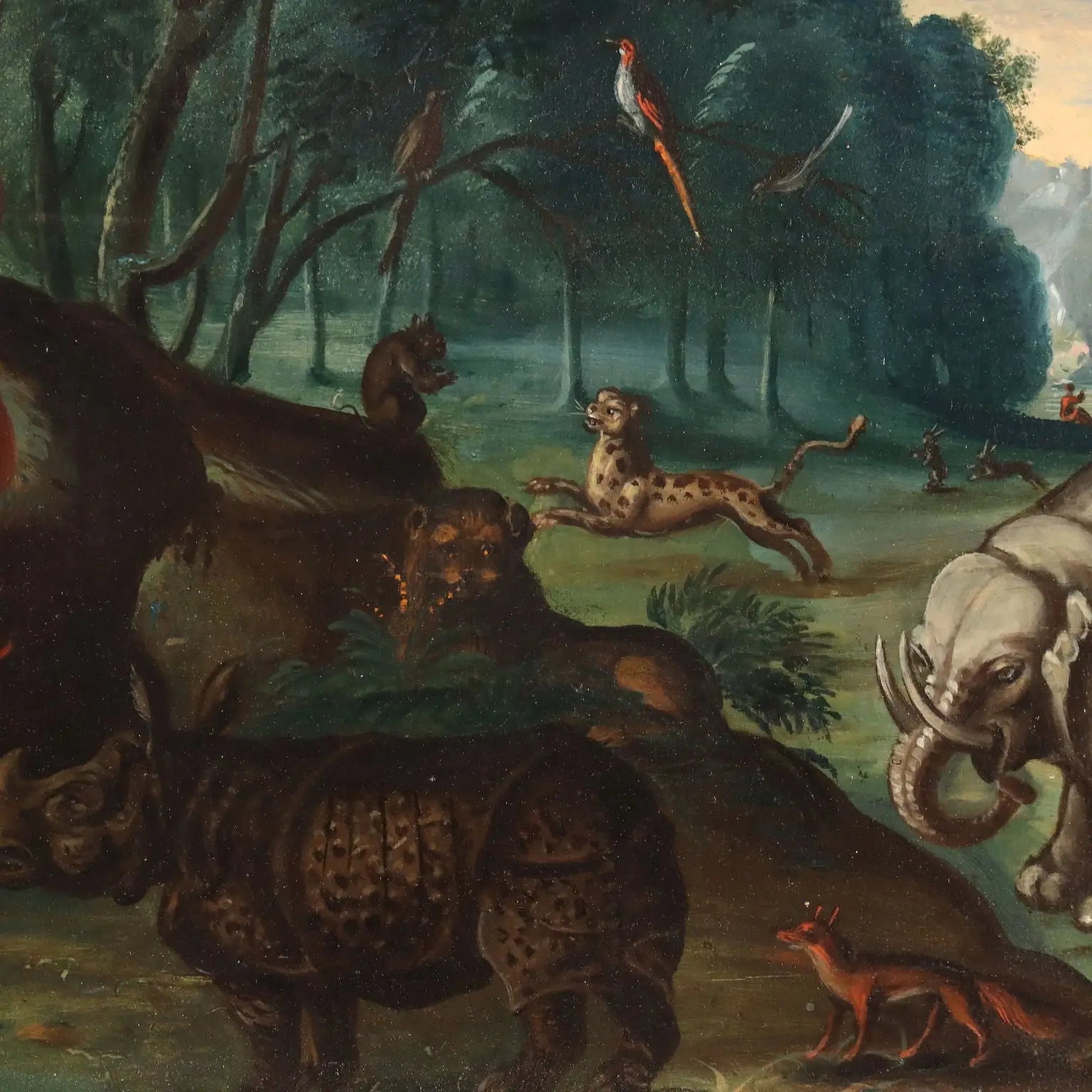 Antique Painting Orpheus Enchants the Animals Oil on Board '700 
