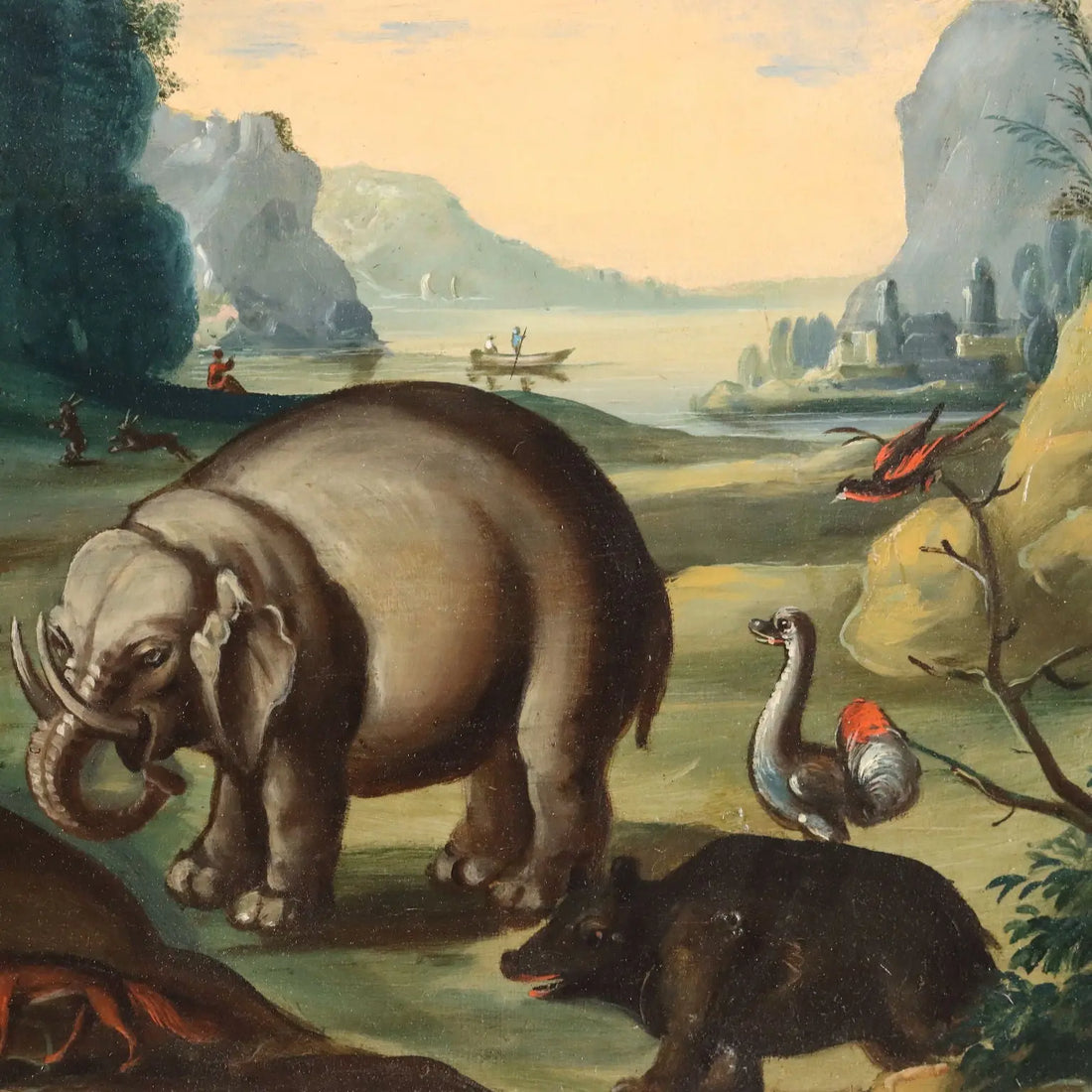 Antique Painting Orpheus Enchants the Animals Oil on Board '700 