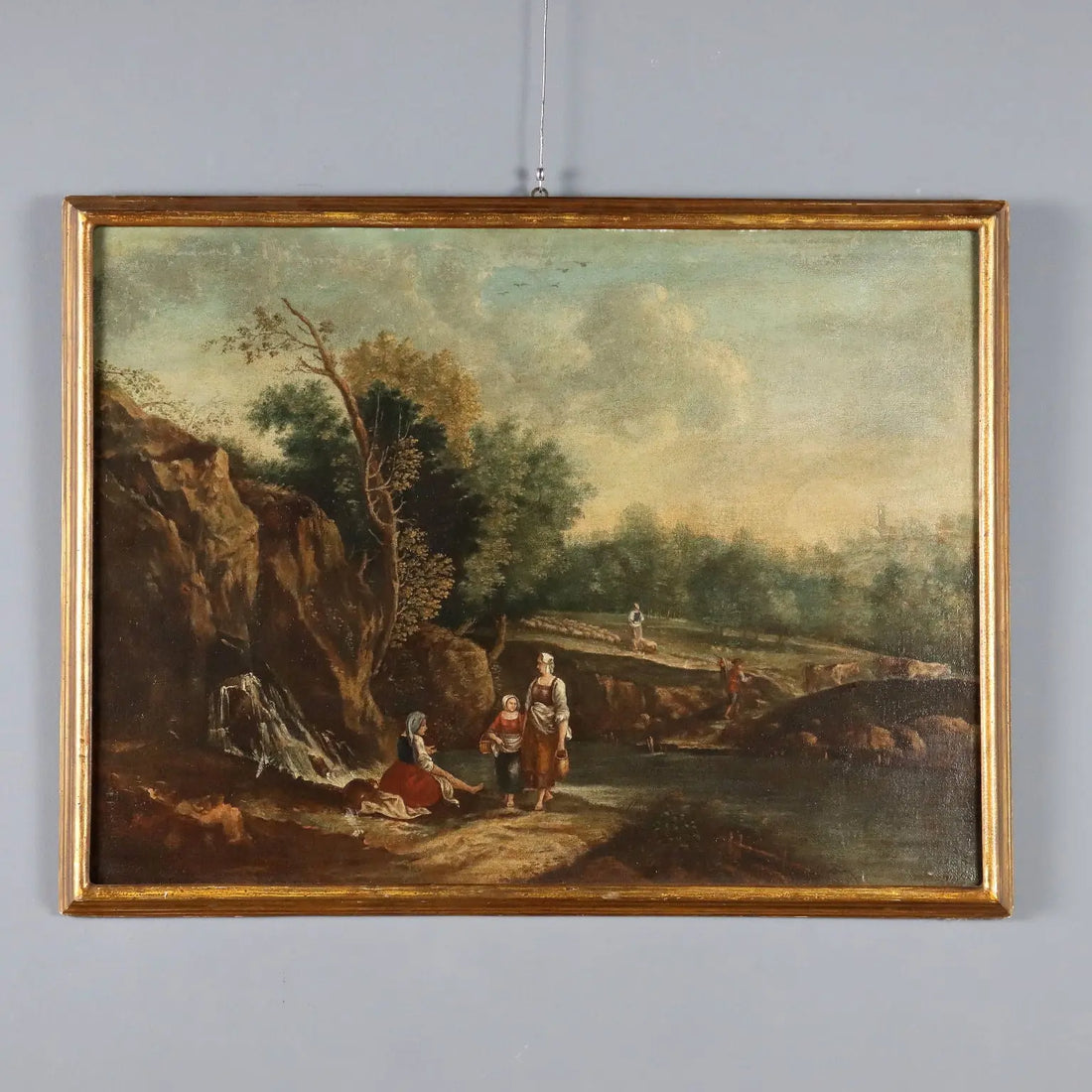 Antique Painting Landscape with Figures Oil on Canvas '700