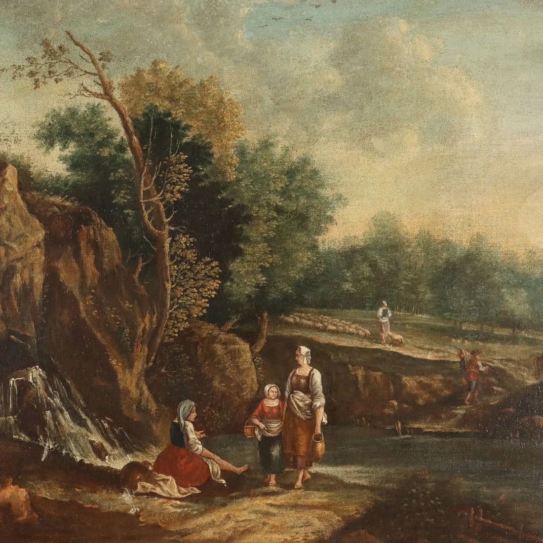Antique Painting Landscape with Figures Oil on Canvas '700