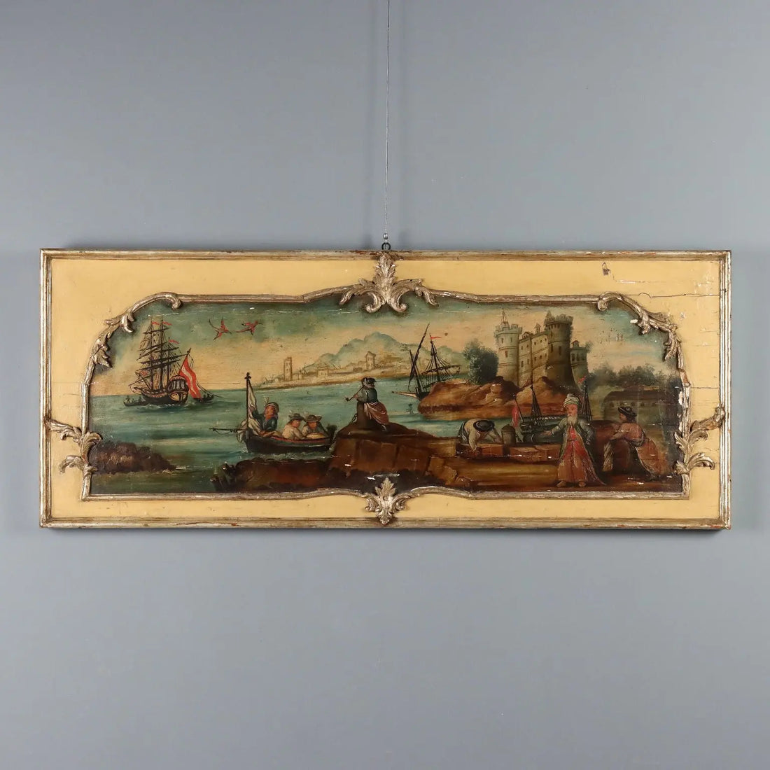 Antique Painting Sea and Port View Oil on Hardboard XIX Century