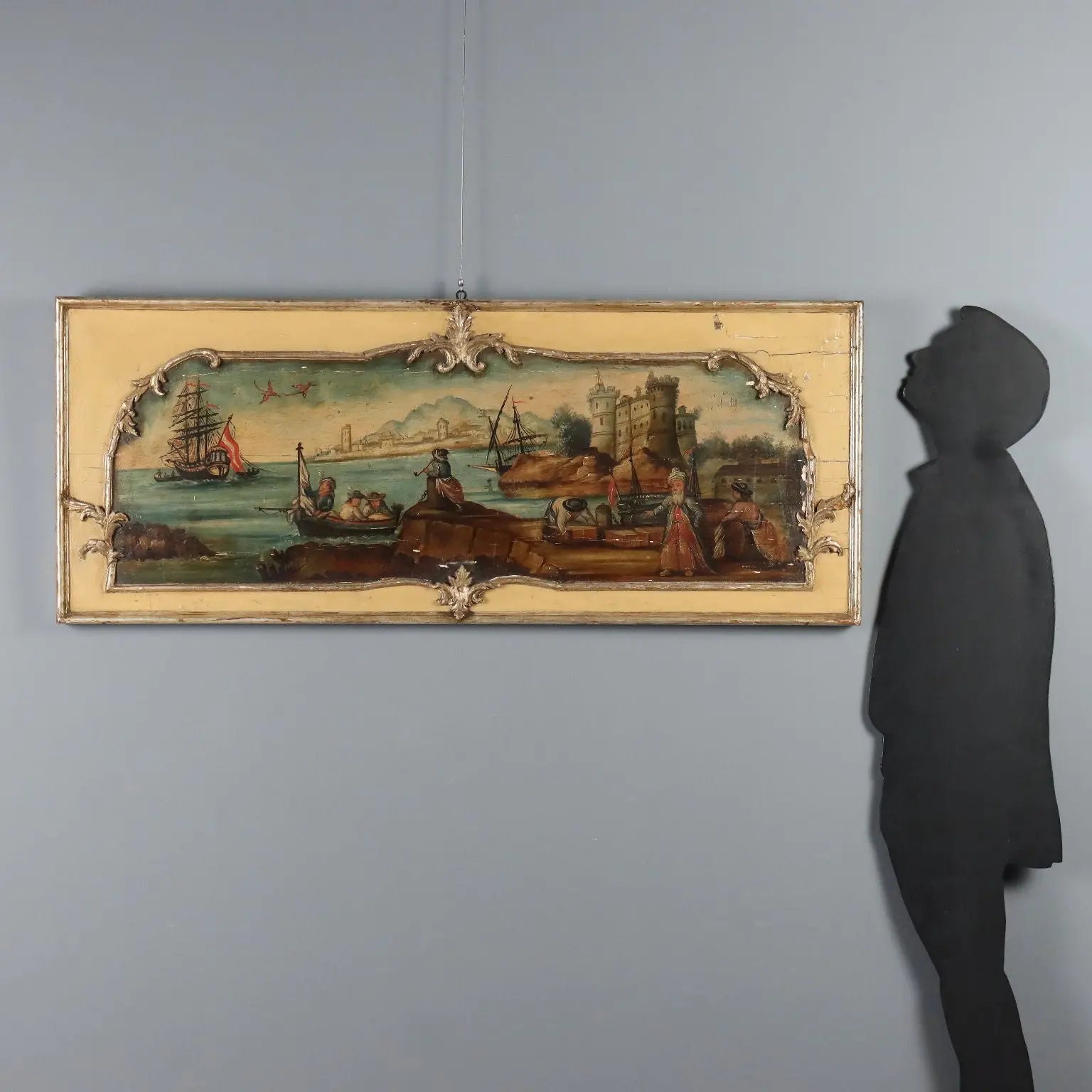 Antique Painting Sea and Port View Oil on Hardboard XIX Century
