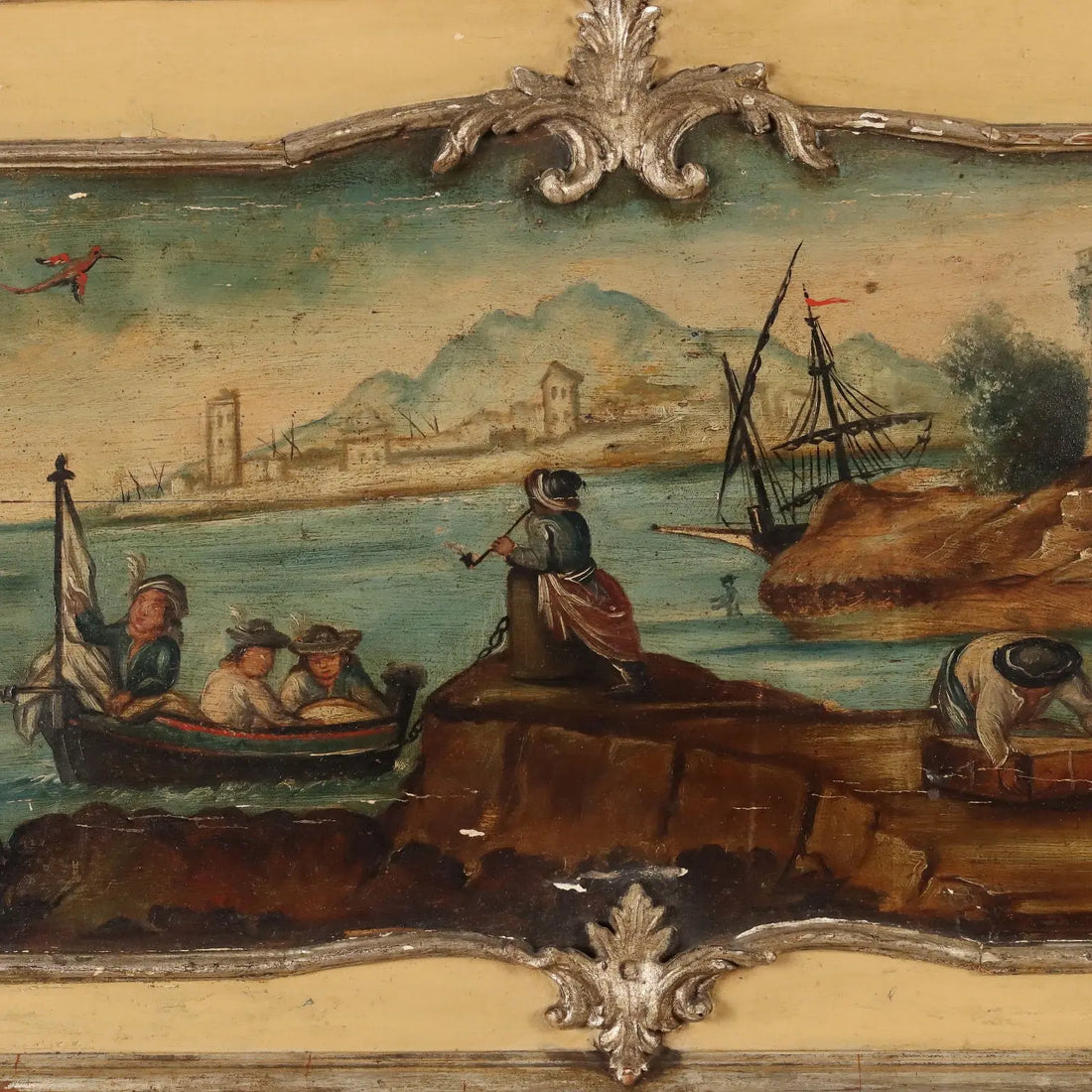 Antique Painting Sea and Port View Oil on Hardboard XIX Century