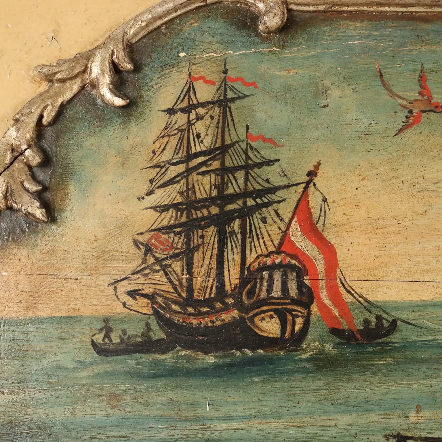 Antique Painting Sea and Port View Oil on Hardboard XIX Century