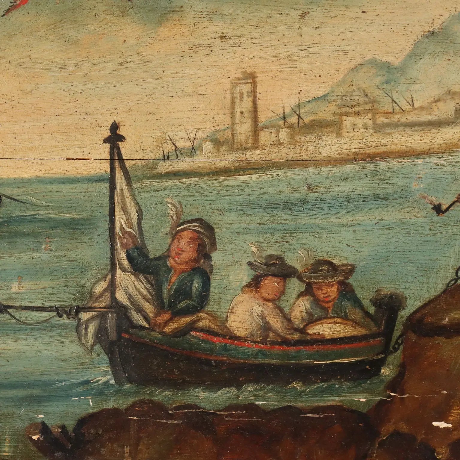 Antique Painting Sea and Port View Oil on Hardboard XIX Century