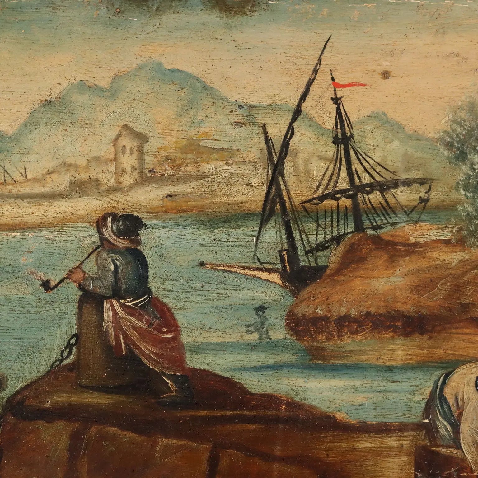 Antique Painting Sea and Port View Oil on Hardboard XIX Century
