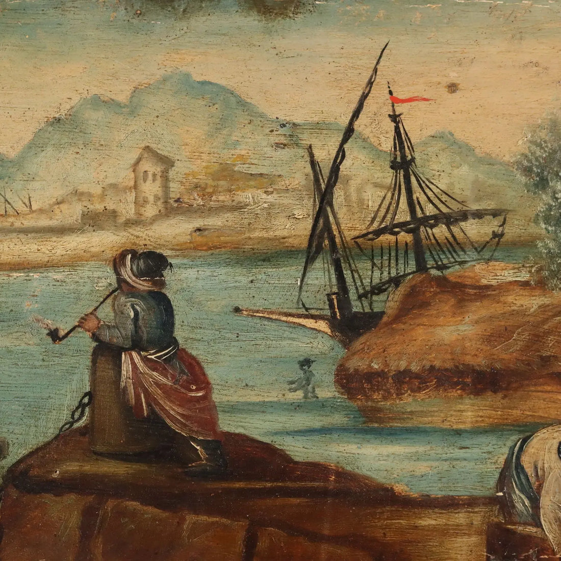 Antique Painting Sea and Port View Oil on Hardboard XIX Century