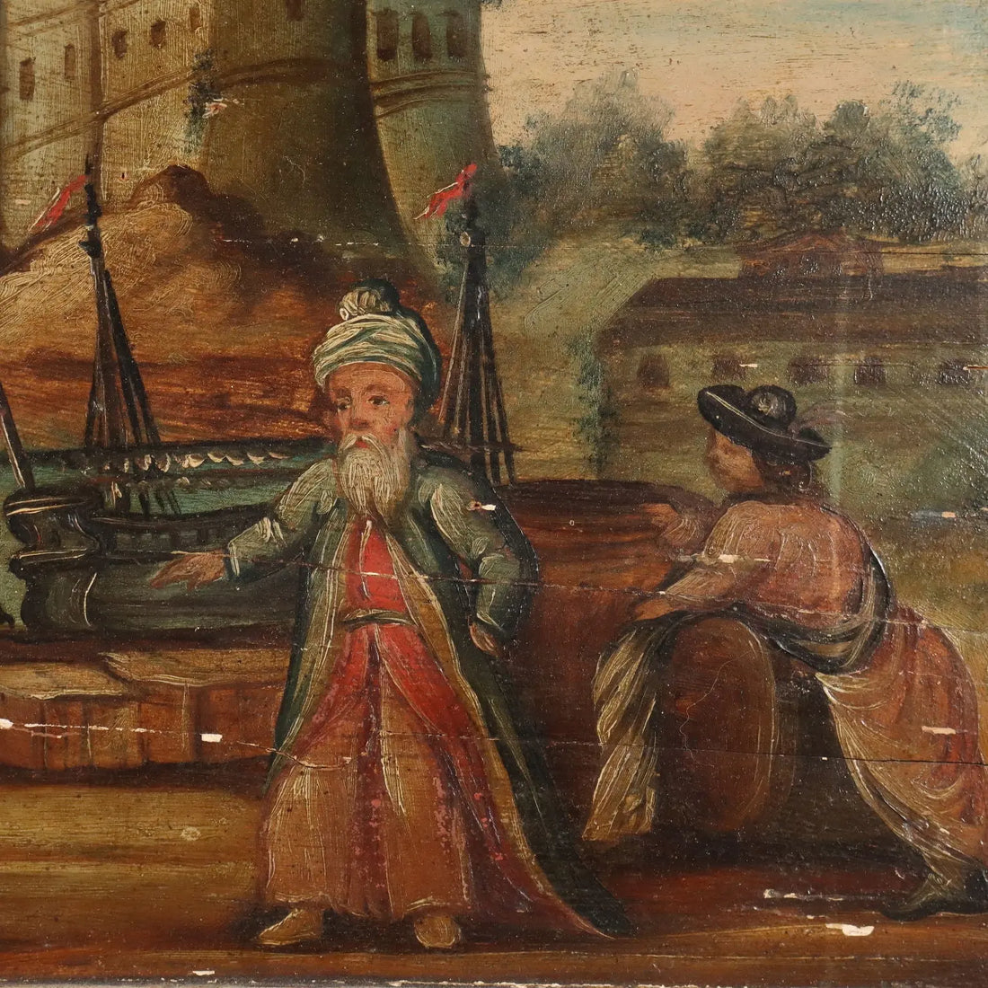 Antique Painting Sea and Port View Oil on Hardboard XIX Century