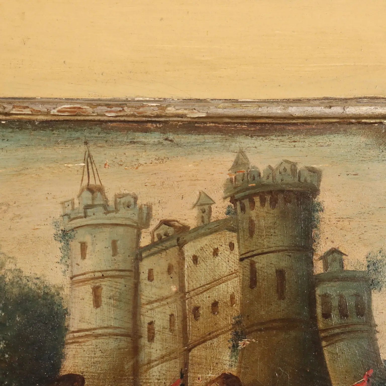 Antique Painting Sea and Port View Oil on Hardboard XIX Century