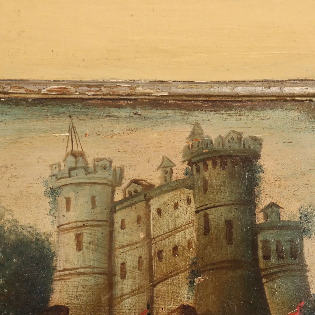 Antique Painting Sea and Port View Oil on Hardboard XIX Century