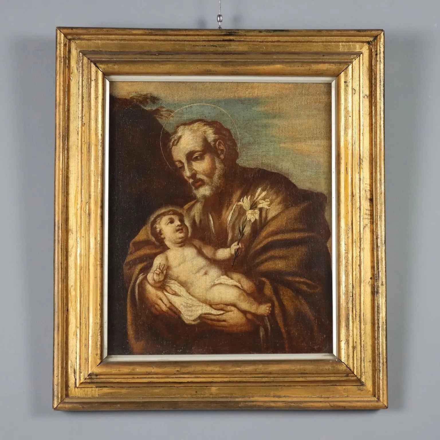Antique Painting Saint Joseph Oil on Canvas Italy XVII Century