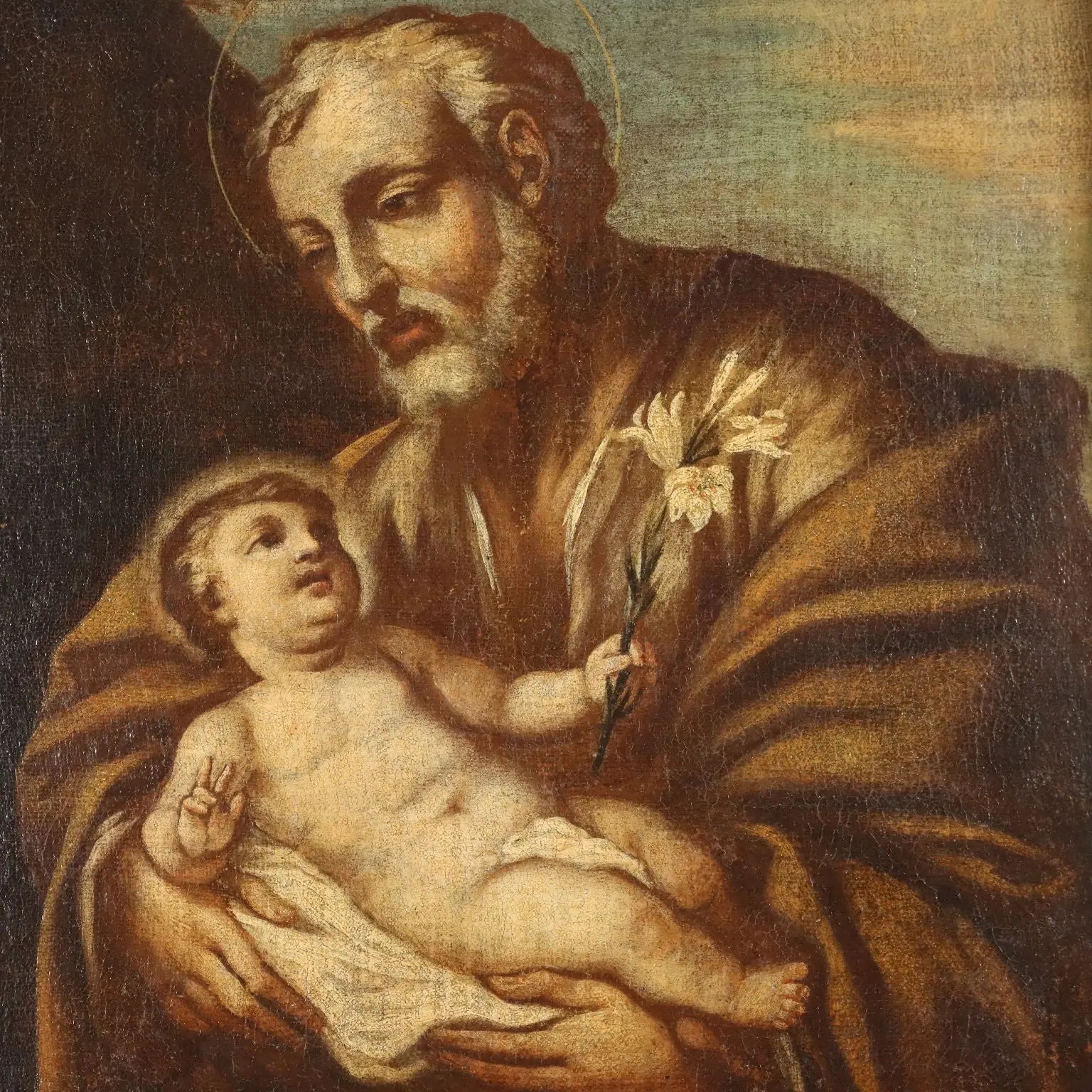 Antique Painting Saint Joseph Oil on Canvas Italy XVII Century