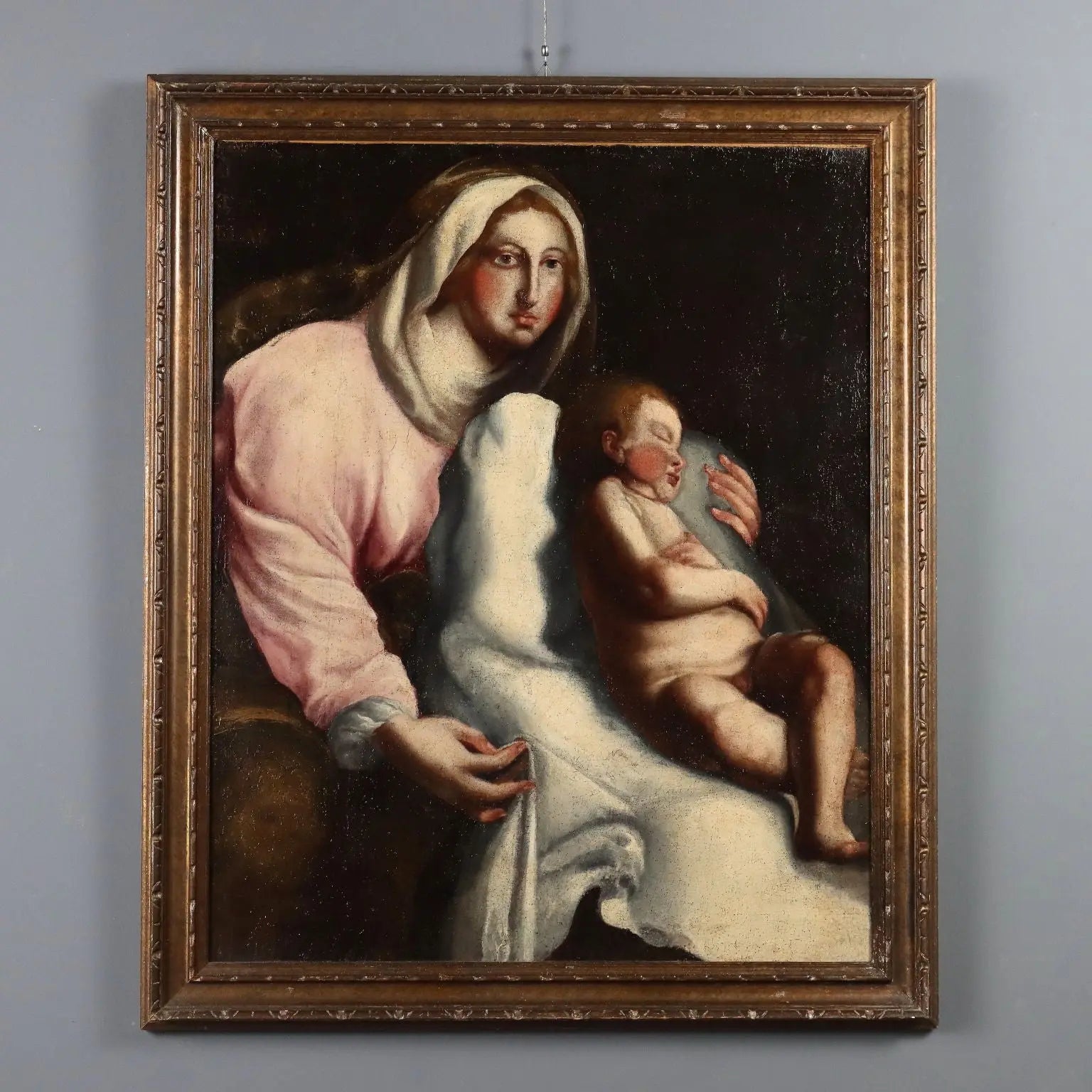Antique Painting Virgin Mary with Child Oil on Canvas XVIII Century