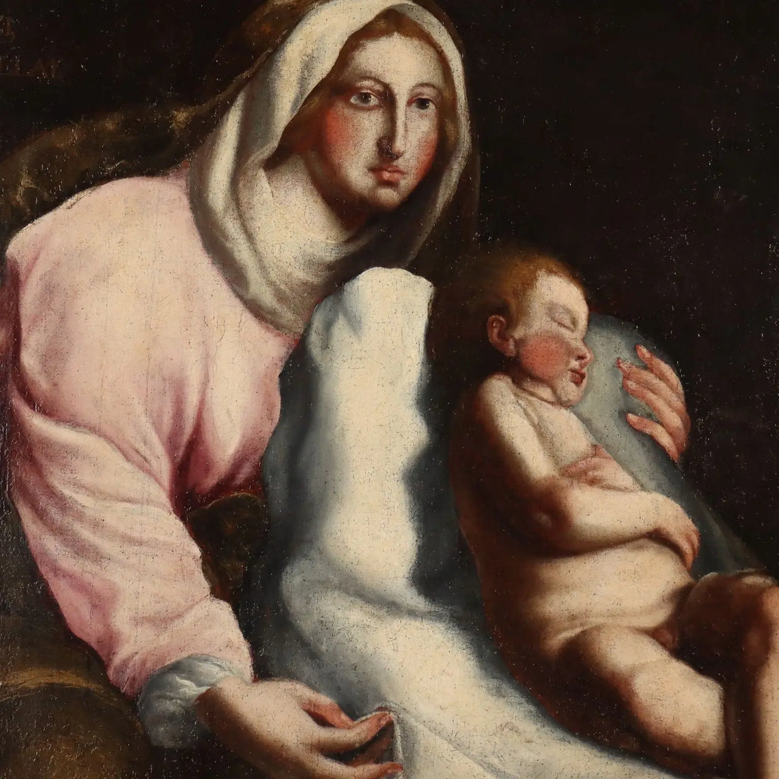 Antique Painting Virgin Mary with Child Oil on Canvas XVIII Century