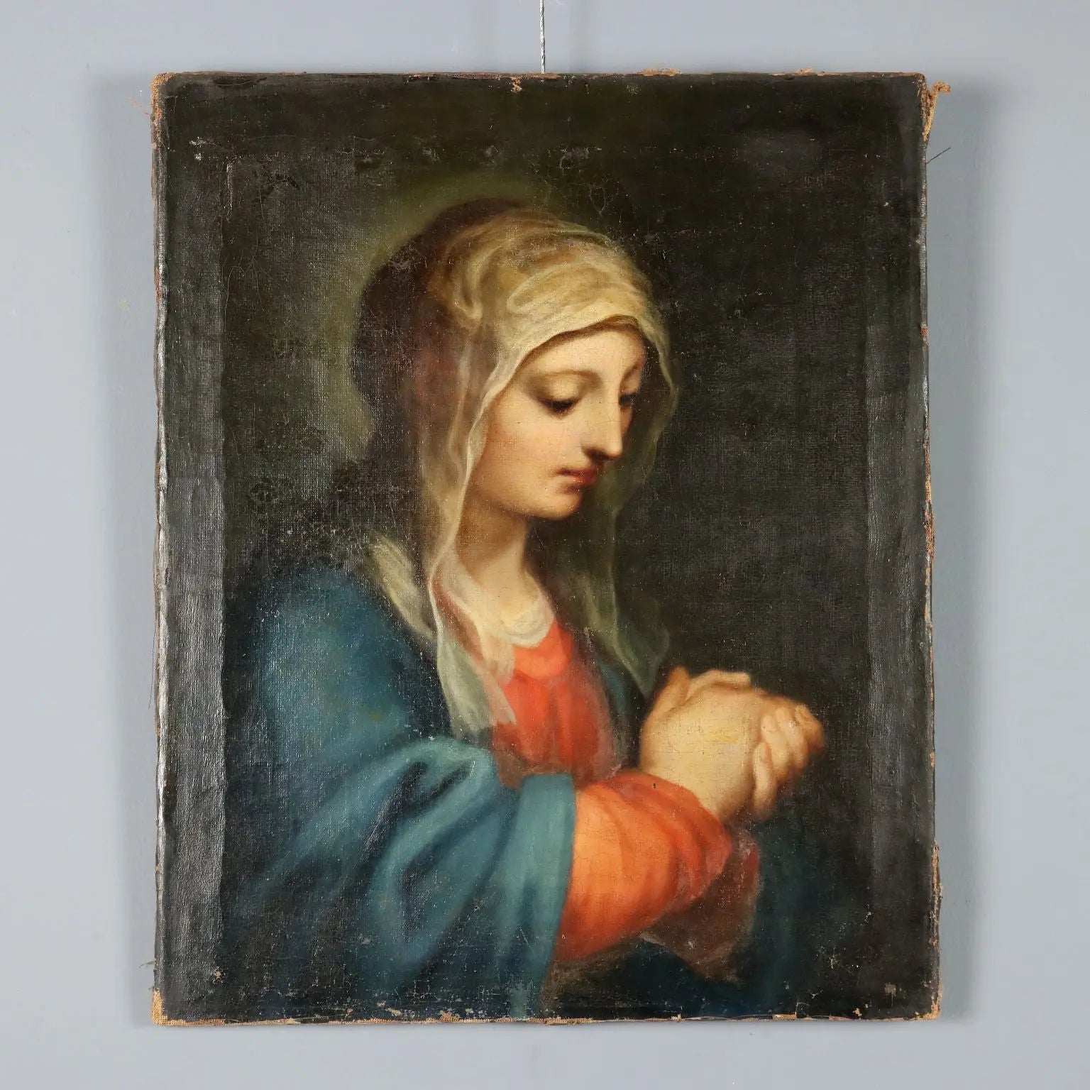 Antique Painting Virgin Mary Oil on Canvas Italy XVIII Century