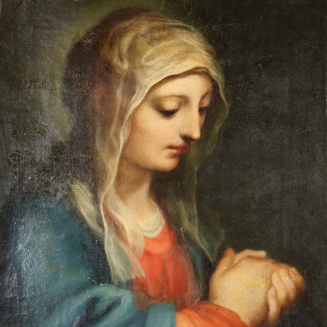 Antique Painting Virgin Mary Oil on Canvas Italy XVIII Century