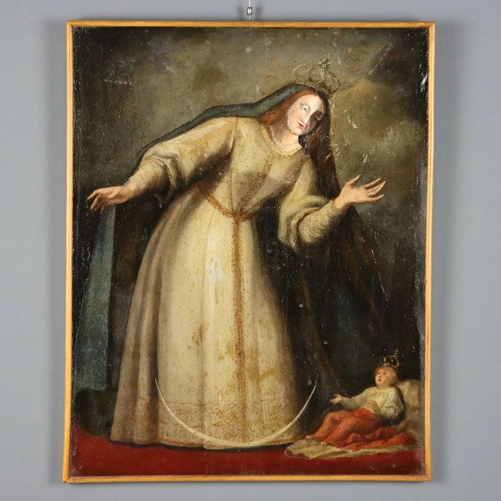 Antique Painting Virgin Mary Oil on Canvas Italy XVIII Century