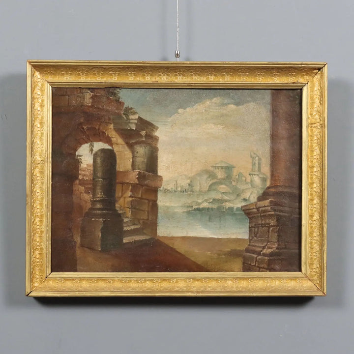 Antique Painting Archictectural Folly Oil on Canvas XVIII Century