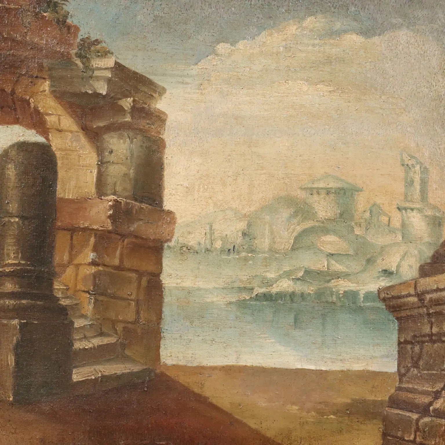 Antique Painting Archictectural Folly Oil on Canvas XVIII Century
