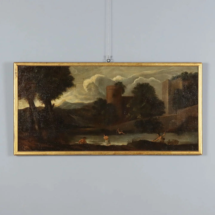 Antique Painting Landscape with Buildings Oil on Canvas '700