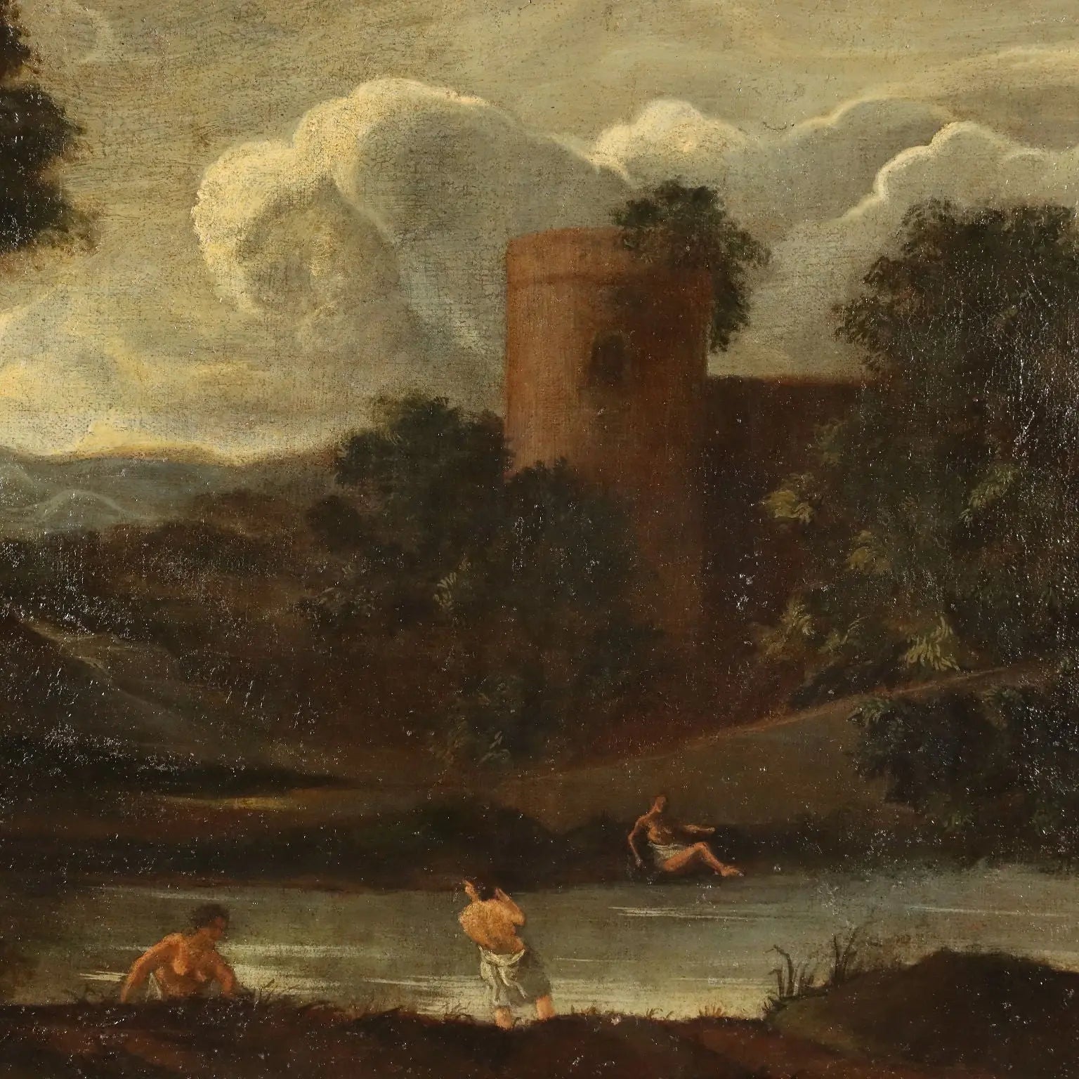 Antique Painting Landscape with Buildings Oil on Canvas '700