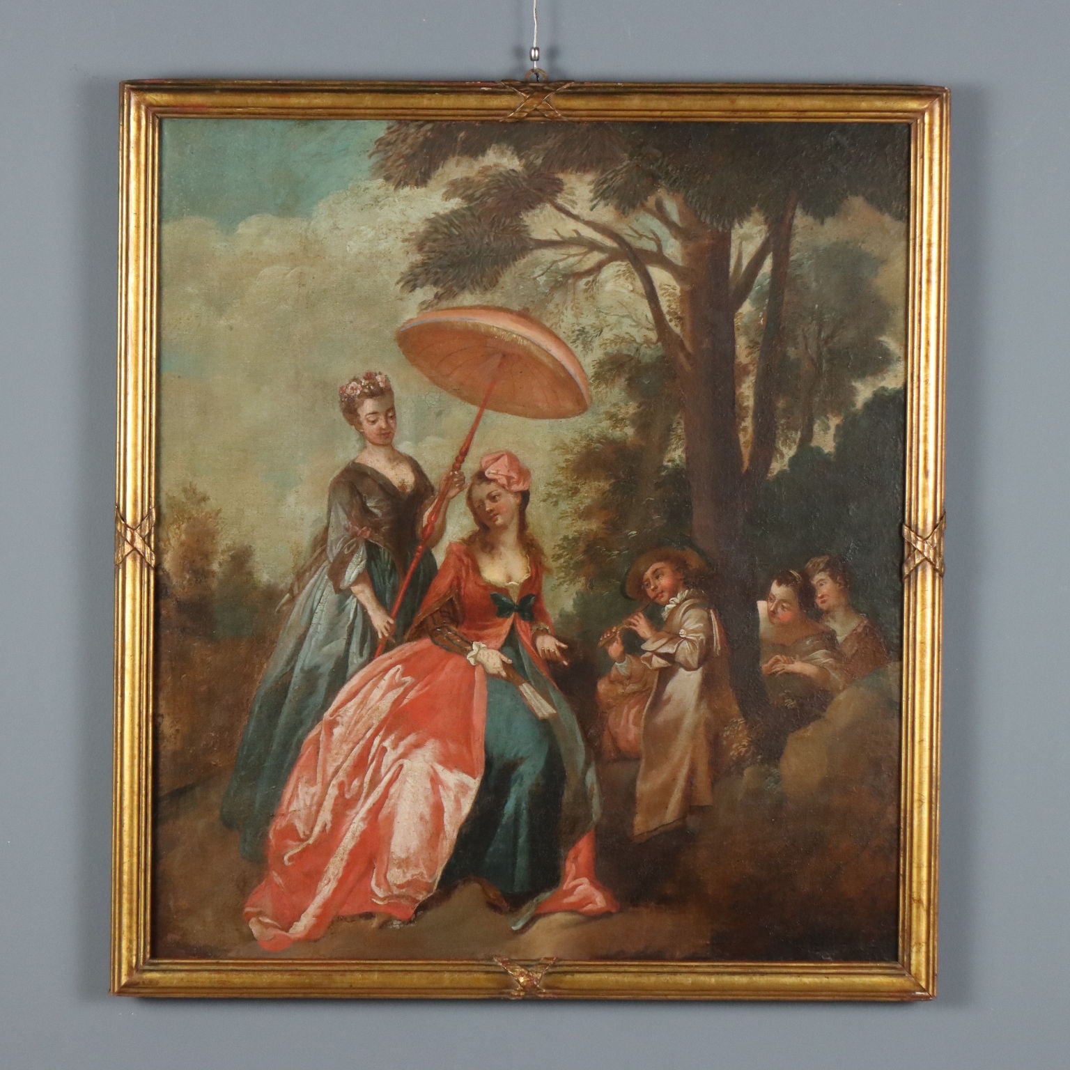 Antique Painting Love Concert in the Park Oil on Canvas XVIII Century