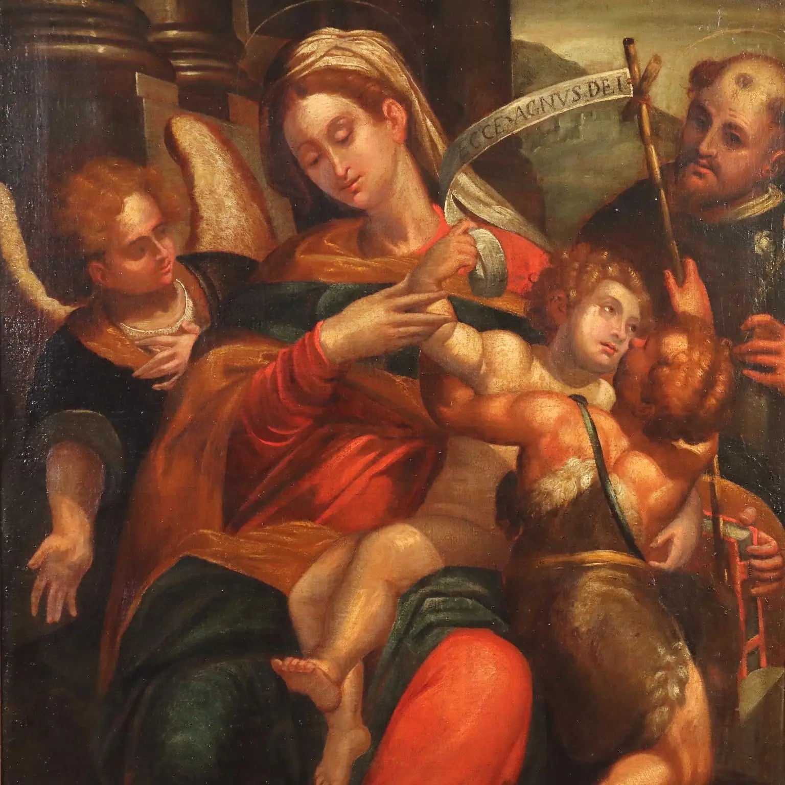 Antique Painting Virgin Mary and Child on Canvas XVII Century